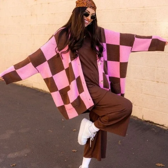 Dressed in Lala Oversized Checkboard Cardigan Sweater Brown Pink Women's Size S - Picture 2 of 9